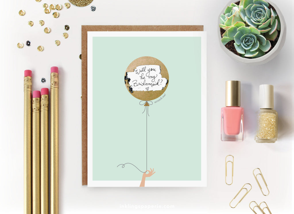 Mint & Gold Balloon Scratch-off Card - Inklings Paperie