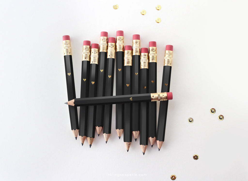 Gold Heart Mini Pencils - Black - Inklings Paperie