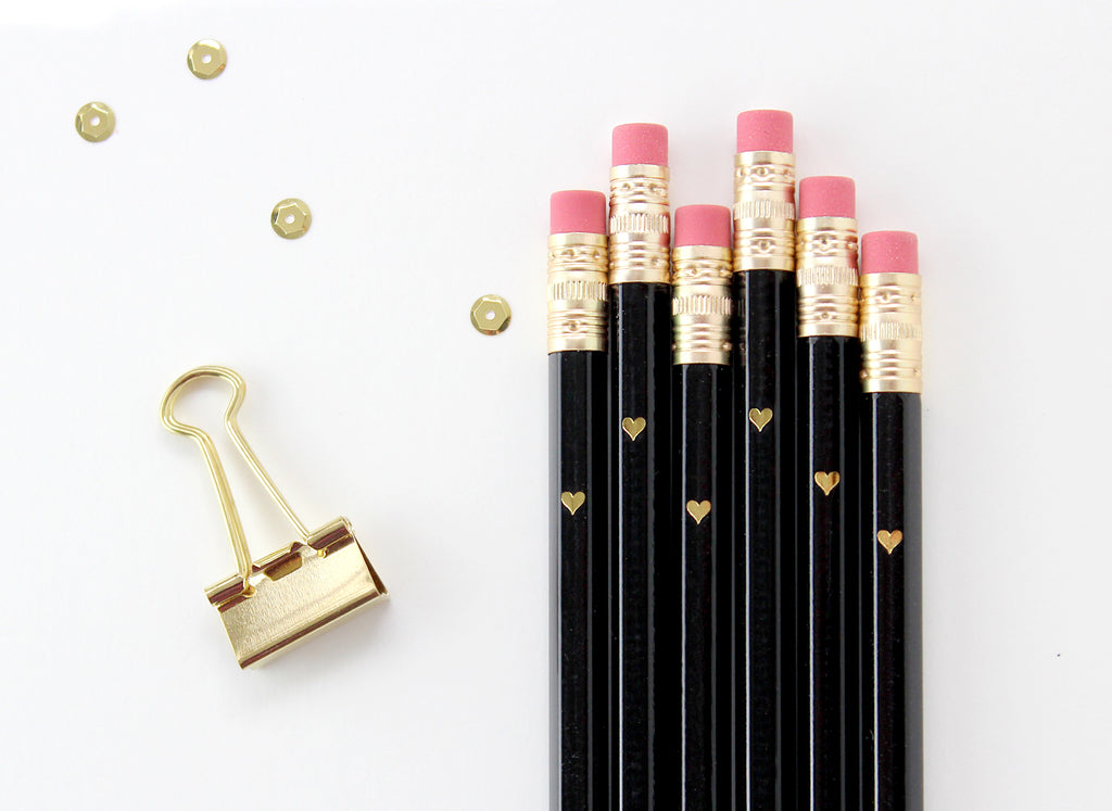 Gold Heart Mini Pencils - Black - Inklings Paperie