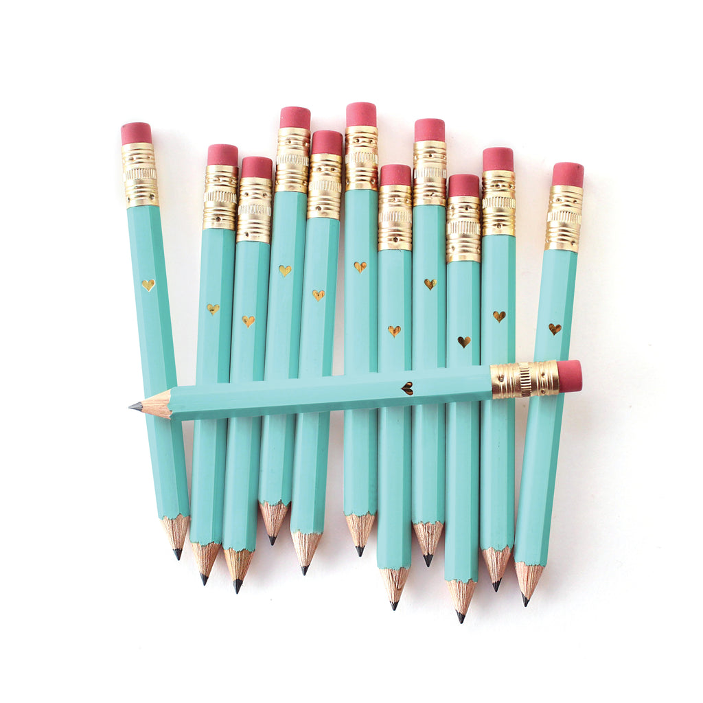 Gold Heart Mini Pencils - Teal - Inklings Paperie