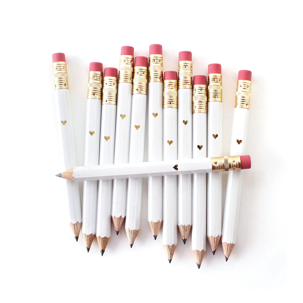 Gold Heart Mini Pencils - White - Inklings Paperie