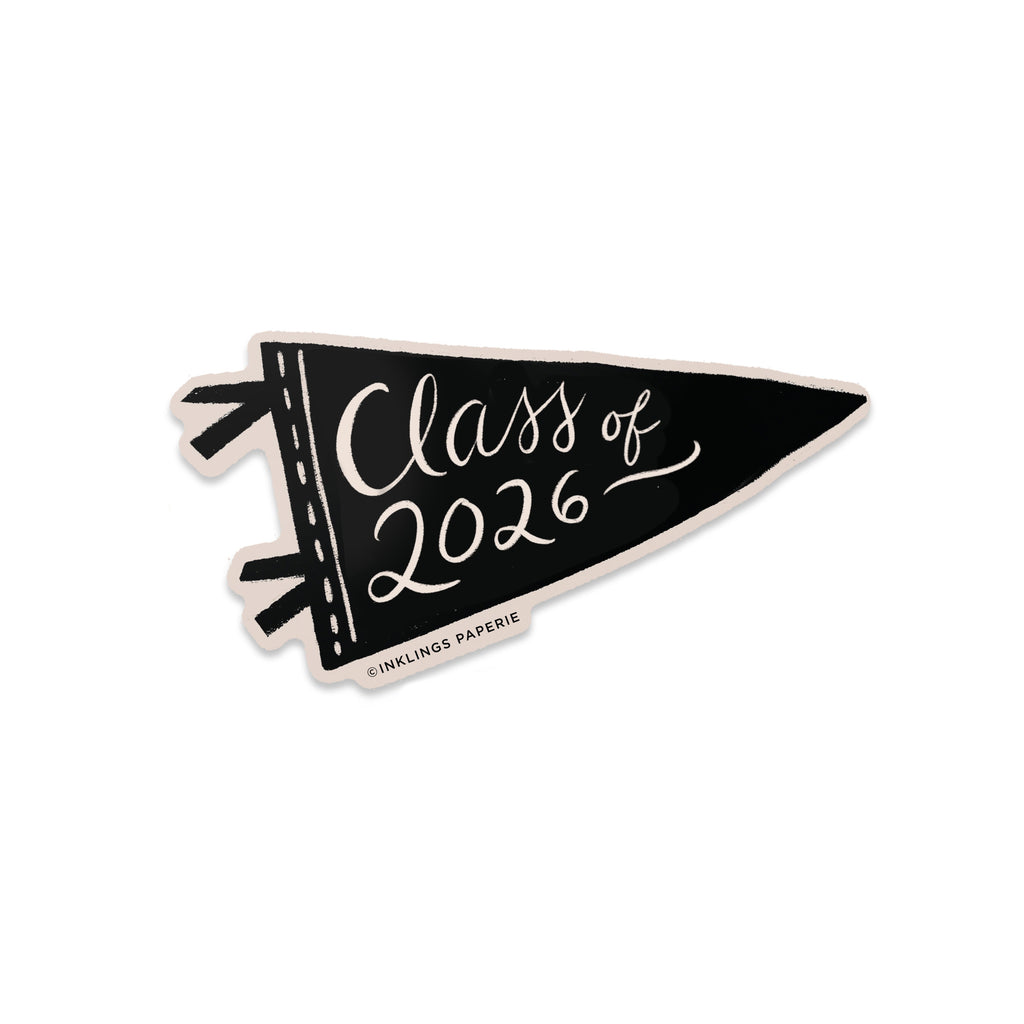 Class of 2026 vinyl sticker in a black pennant shape with script text on white background