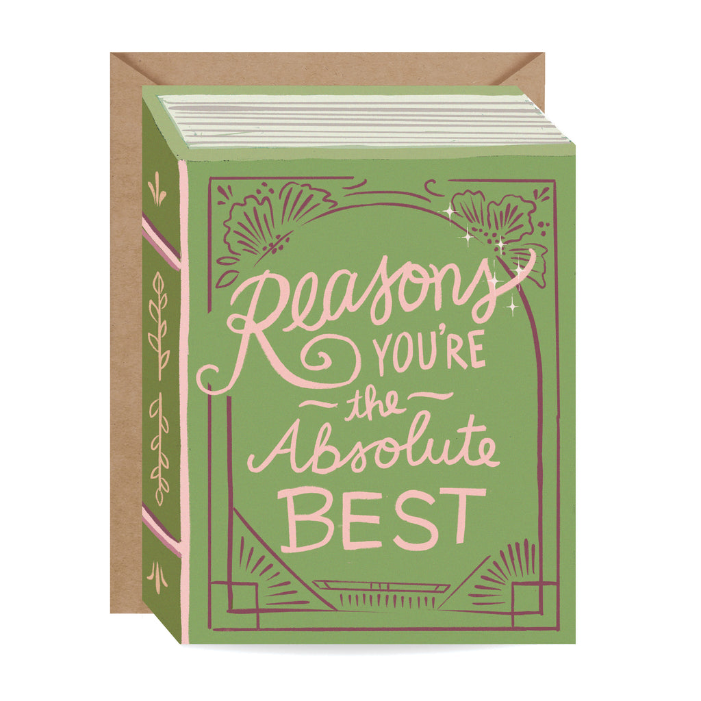 Book-shaped greeting card with die cut corners and hand-lettered message on the front that reads, "Reasons You're the Absolute Best"
