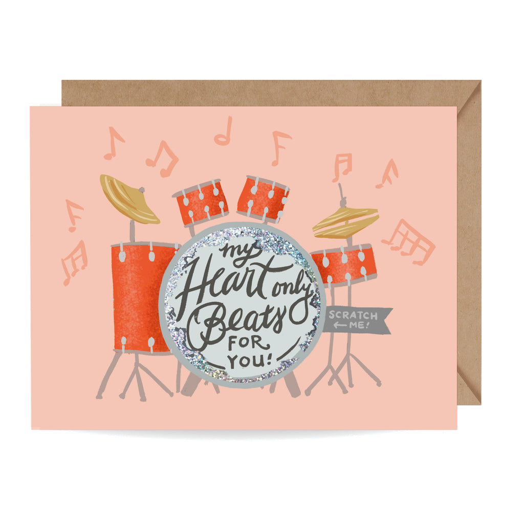 Heart Beats, Drum Kit, Scratch-off Card, Love card, Anniversary, Valentine's card