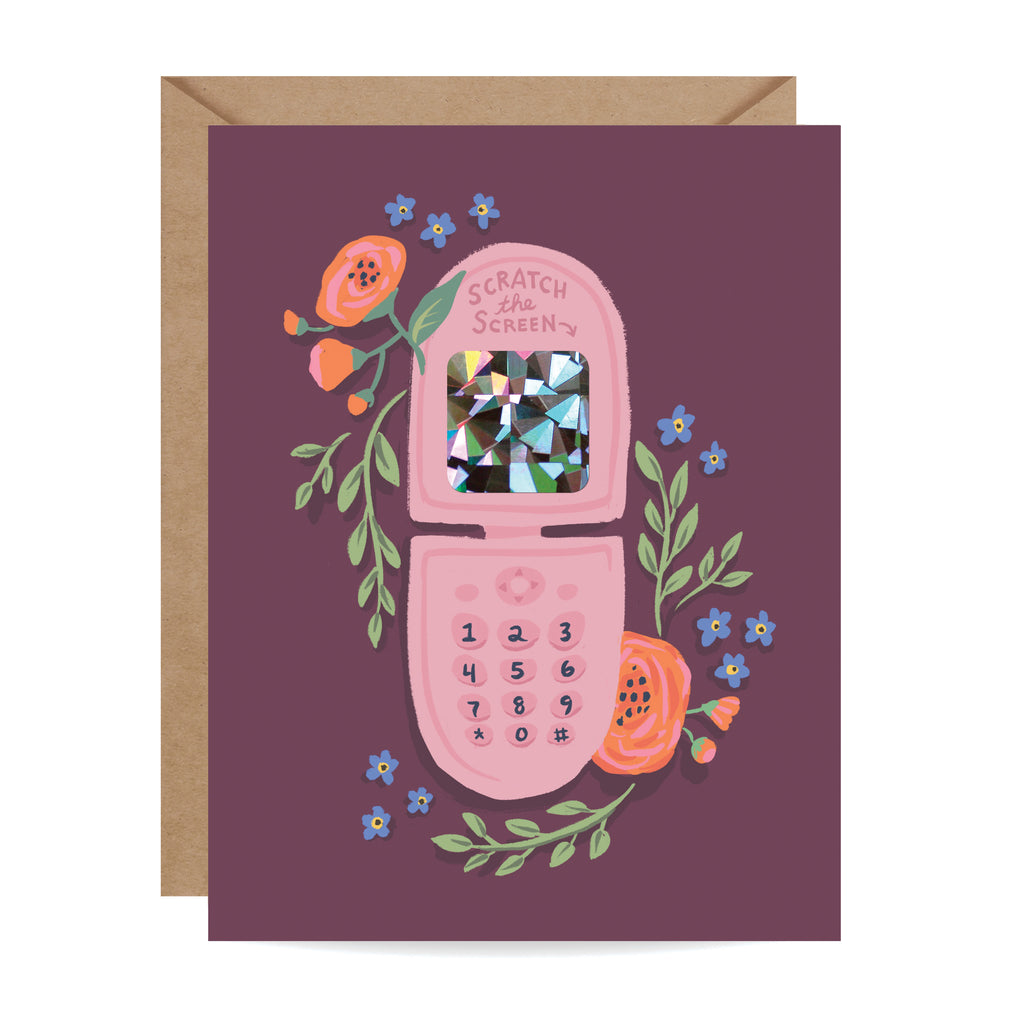 Flip Phone, 90s, Love card, Friendship. Floral card, retro, throwback, birthday card, everyday card, just because