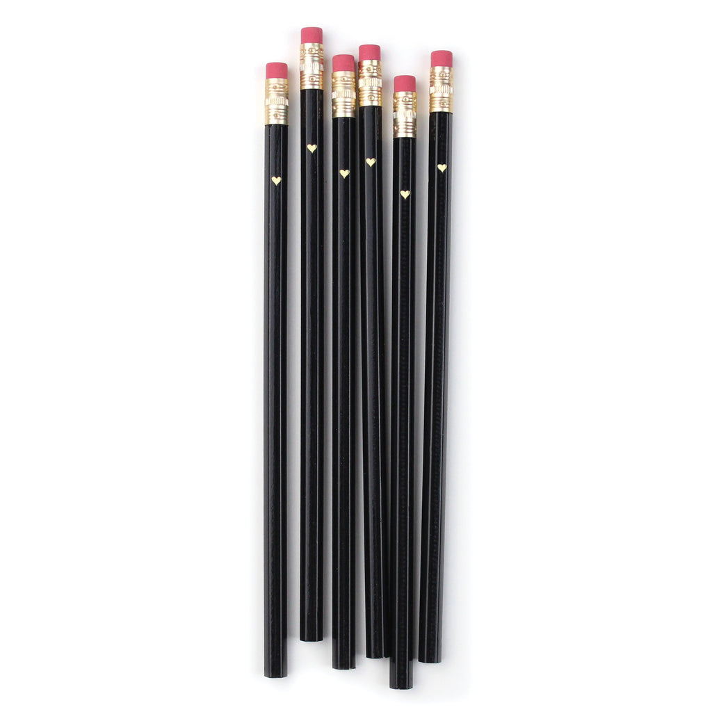 Gold Heart Full Length Pencils - Black - Inklings Paperie