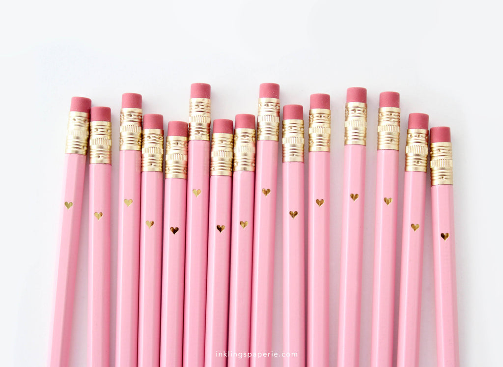 Gold Heart Full Length Pencils- Pink - Inklings Paperie